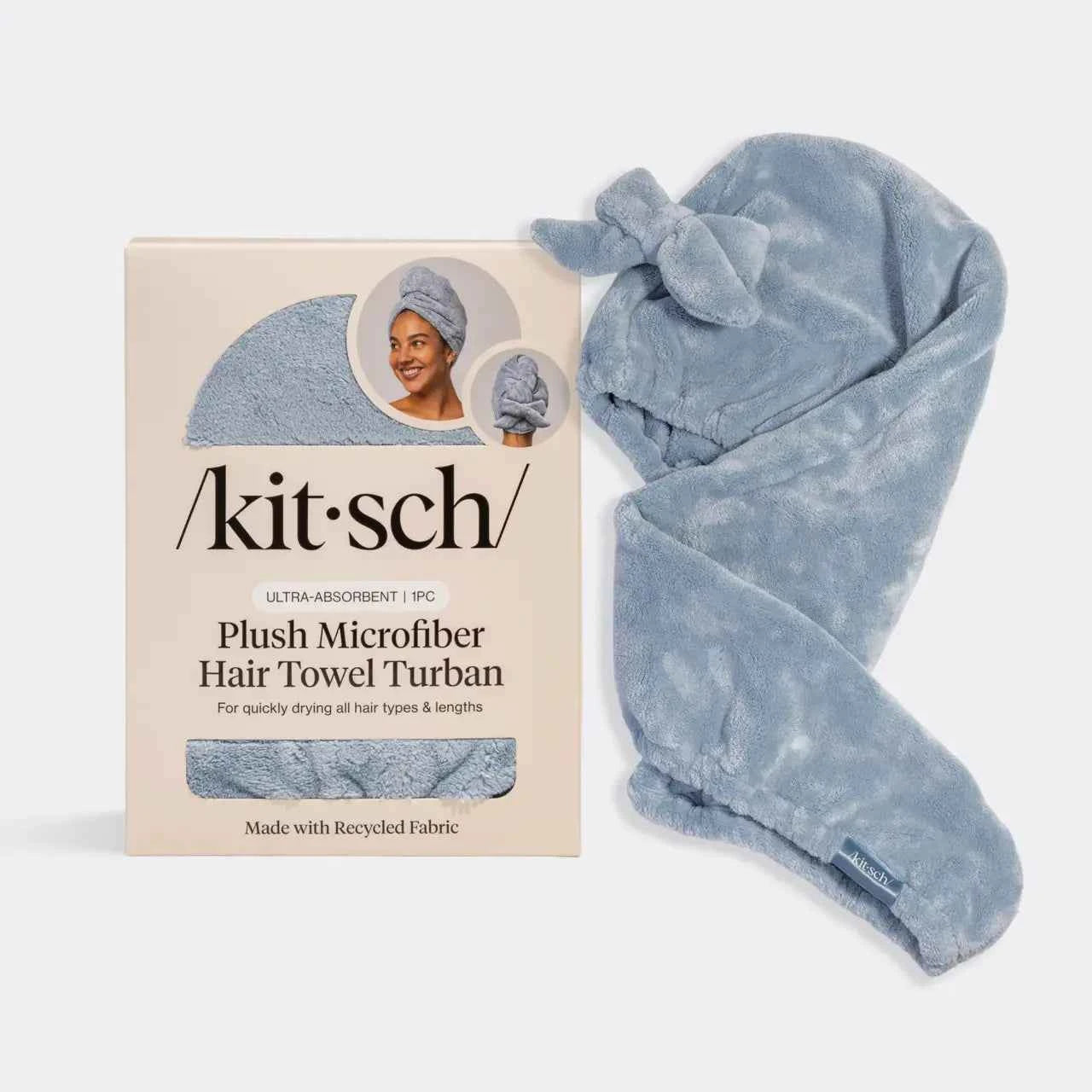 Kitsch Plush Microfiber Hair Towel Turban with Bow in Coastal Blue