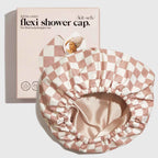 Kitsch Satin Lined Flexi Shower Cap in Terracotta Checker for Ultimate Hair Protection