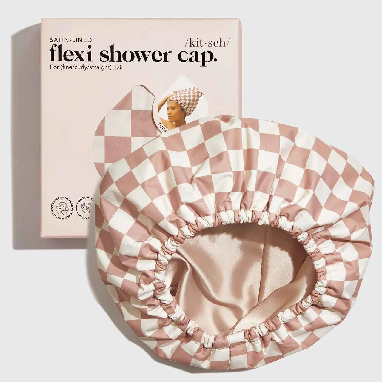 Kitsch Satin Lined Flexi Shower Cap in Terracotta Checker for Ultimate Hair Protection