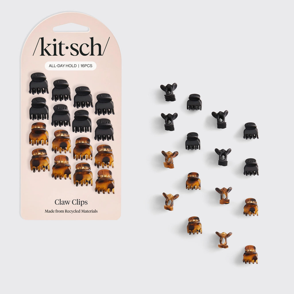 Kitsch Recycled Plastic Micro Classic Claw Clips 16pc Set - Black & Tortoise