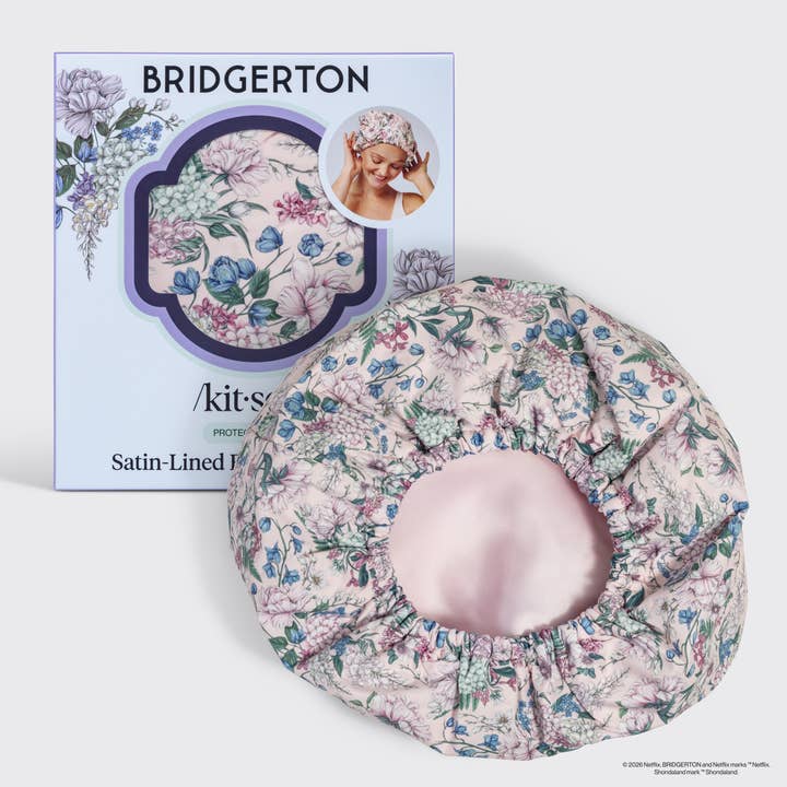 Bridgerton X Kitsch Satin-Lined Flexi Shower Cap in Wisteria - Ultimate Hair Protection